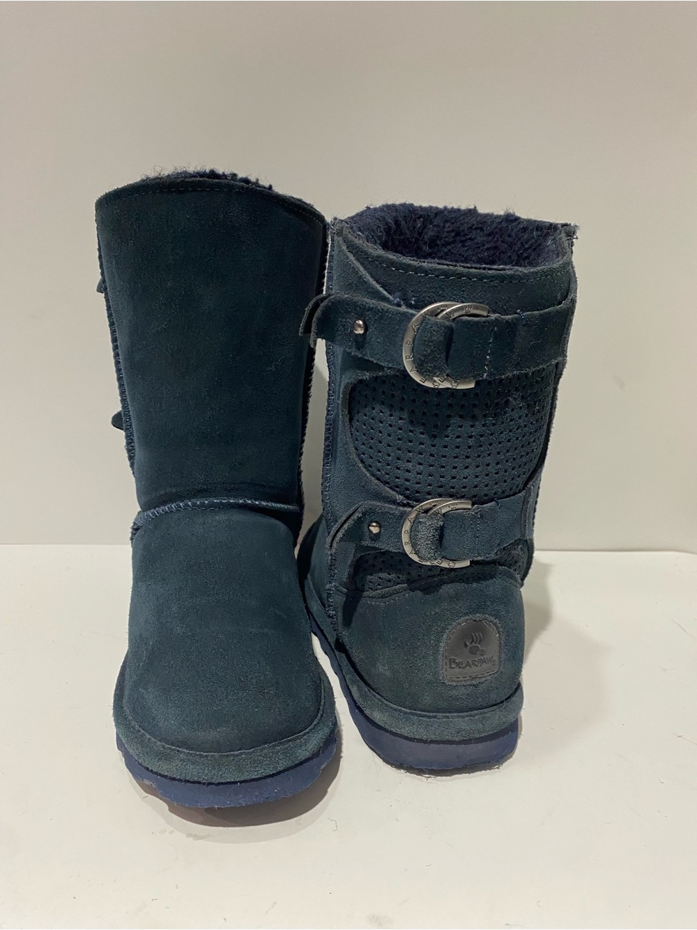 BEARPAW Navy Blue Suede Mid-Calf Boots with Double Buckles, Size 7